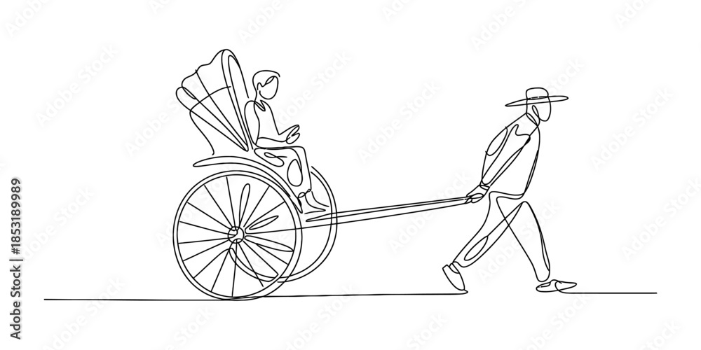 Billede på lærred Single line drawing of a man pulling a rickshaw with a passenger Vector, illustr