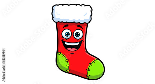 Stocking with Green Patches and Cheerful Cartoon Face on White Background