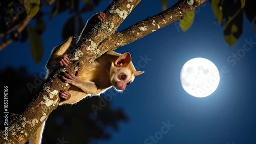Nocturnal Lemur on Branch Under Full Moon at Night