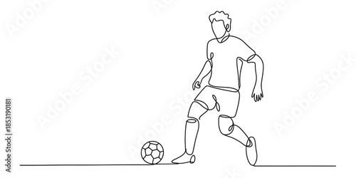 A single continuous line drawing of a soccer player dribbling the ball Vector, illustration