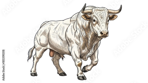 Detailed Hand Drawn White Bull Illustration isolated PNG with Transparent Background