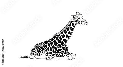 Resting Giraffe Illustration - A Detailed Black and White Depiction.