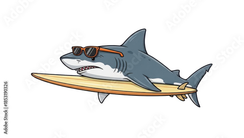 Cool cartoon shark wearing sunglasses riding surfboard vector illustration isolated PNG with Transparent Background