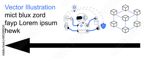 Artificial intelligence, blockchain, automation, cybersecurity, digital processes, network systems. A robot linked to data blocks and shielded connections. Artificial intelligence and blockchain