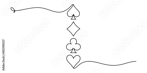 Continuous line drawing of four card suits, spade, diamond, club and heart Vector, illustration