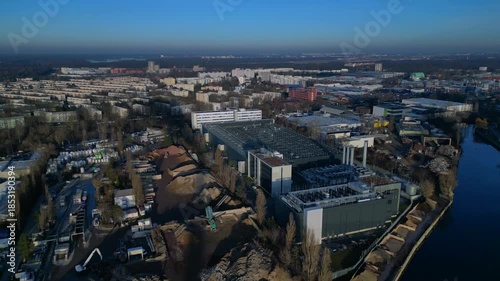 Large telecommunication data center cloud computing. Lovely aerial view drone
