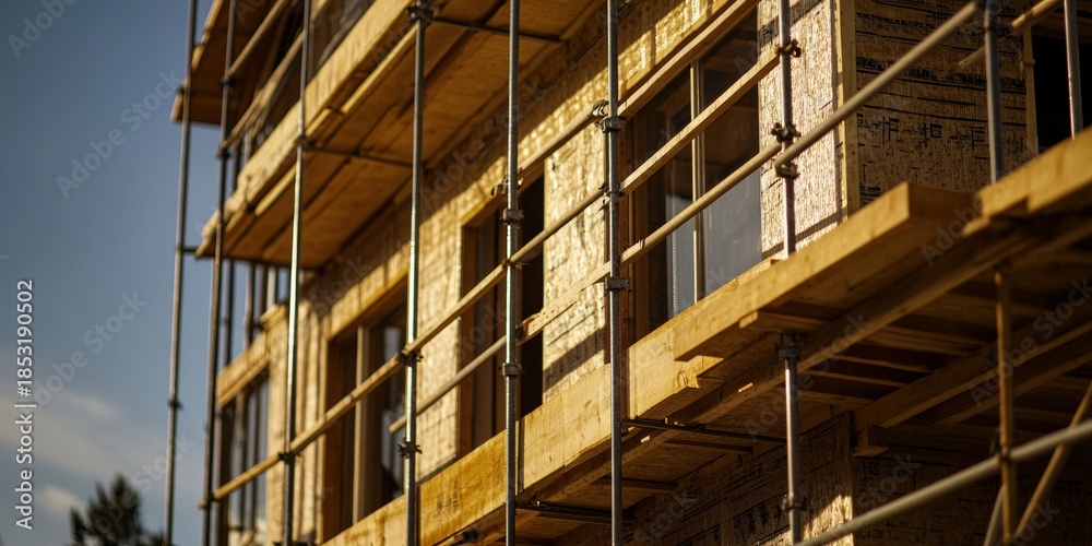 Fototapeta premium A large building under construction with visible scaffolding, wooden beams, and other structural elements in daylight.