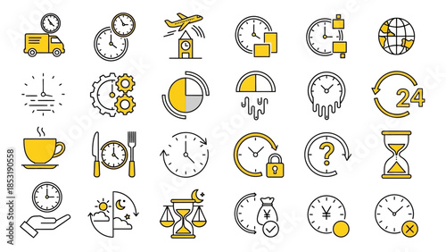 Modern vector icon collection for time management and business productivity. Concepts include scheduling, delivery, deadlines, efficiency, daily routines, planning, and organization