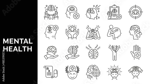 Comprehensive set of modern line art icons representing mental health concepts, psychological well-being, stress management, therapy, and emotional support for awareness and care