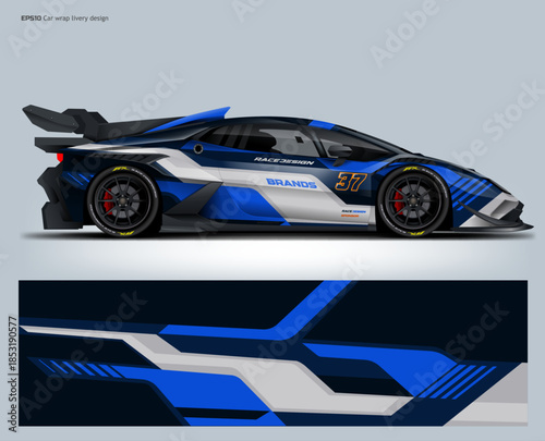 A sharp blue and white racing wrap with aerodynamic shapes, designed for clean and professional motorsport visuals.