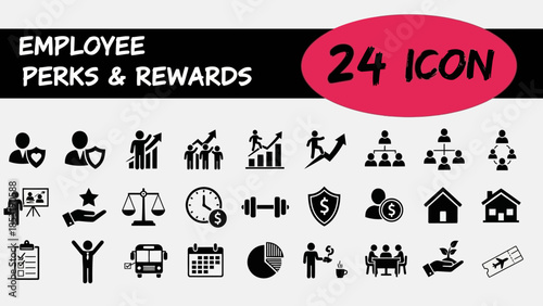 Comprehensive collection of employee perks and rewards vector icons, perfect for illustrating human resources, business benefits, and career development concepts