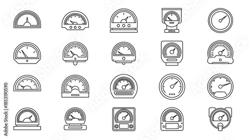 Modern collection of outline gauges, speedometers, and measurement indicators. Perfect for visualizing progress, performance, and data in industrial, technological, and automotive interface designs
