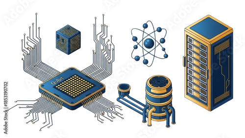Quantum Computing Processor and Advanced Data Server Isometric Set on White Background