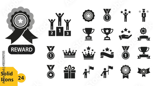 Collection of icons representing rewards, achievements, success, and recognition in a stylized graphic design format