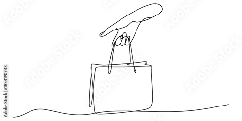 Minimalist one-line art showing a person's hand holding the handles of a retail shopping bag Vector, illustration