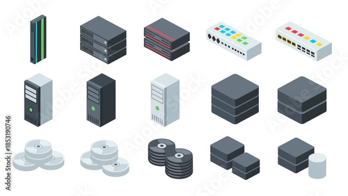 Collection of isometric computer server racks and data storage devices