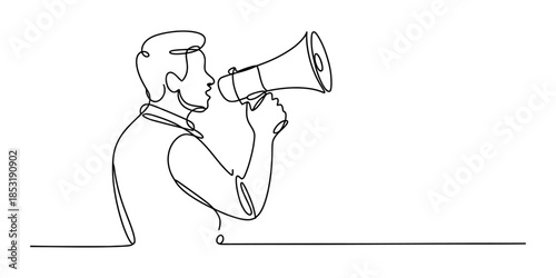 Minimalist one-line art drawing of a man making an announcement through a megaphone Vector, illustration