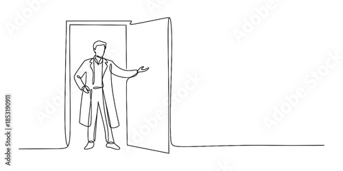 A single line drawing of a man standing in a doorway gesturing towards new opportunities Vector, illustration