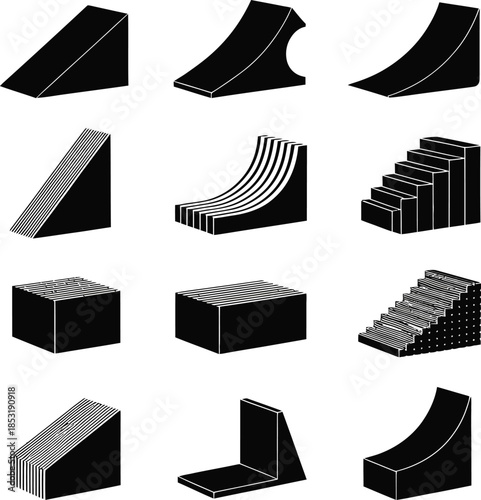 Collection of diverse skateboarding and extreme sports obstacles in a minimalist icon set