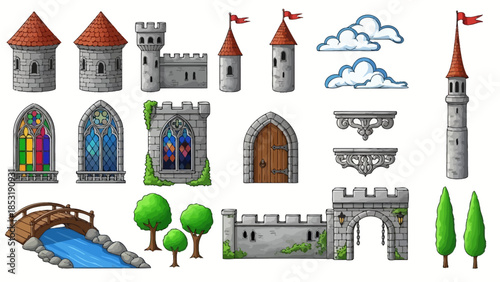 Set of Detailed Pixel Art Medieval Castle Architecture Elements, Including Towers, Walls, Windows, and Landscape Assets for Game Design
