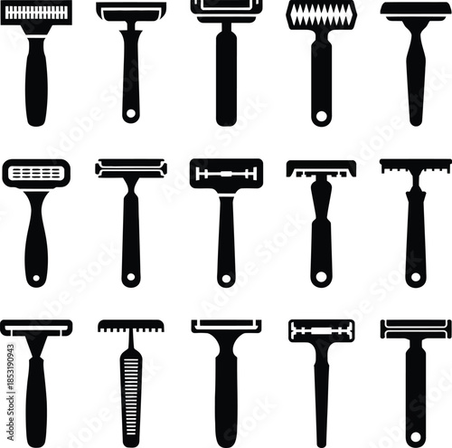 A diverse collection of 15 black silhouette razor icons showcasing various shaving tools