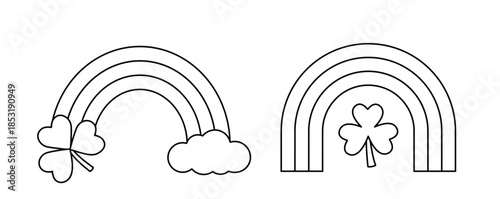 Set of St. Patrick's day rainbow coloring page and template set.
Cute clover and rainbow outline vector illustration for Kids.
White background.