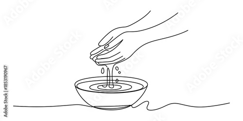 Continuous line drawing of hands pouring water into a bowl, symbolizing cleansing Vector, illustration