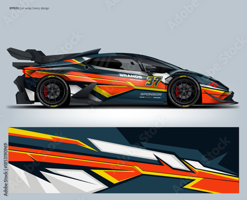 A high-energy racing wrap combining black, orange, and yellow colors with sharp aerodynamic lines for maximum race impact.