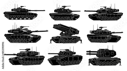 A comprehensive collection of diverse military tanks and armored combat vehicles, presented as sleek modern vector silhouettes for defense and strategy design projects