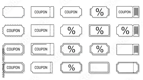 Set of various coupon and discount ticket icons, isolated on white background