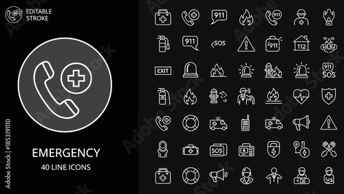 Set of 40 emergency icons with a plus symbol and phone, including fire, police, and medical assistance symbols, representing crisis situations and urgent aid