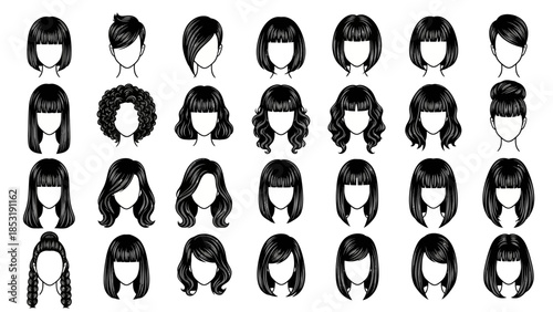 Collection of diverse hairstyles and haircuts, showcasing various styles from short bobs to long wavy hair, black and white line art illustration