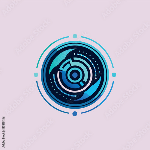 Abstract blue spiral made of glowing circular lines and dots on a dark navy background, modern futuristic tech style