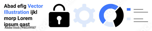 Cybersecurity, data analysis, digital workflow, system settings, secure technology, process optimization. Lock, gear chart and text design elements. Cybersecurity and data analysis concept
