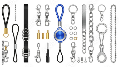 Comprehensive collection of diverse metal and leather accessory hardware for crafting, including durable keychains, lanyards, clasps, rings, and carabiners, neatly arranged for professional display