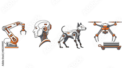 Industrial Robotics and Artificial Intelligence Character Set on White Background