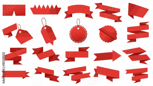 Red ribbons and tags for sale banners and marketing materials, product labels and gift tags