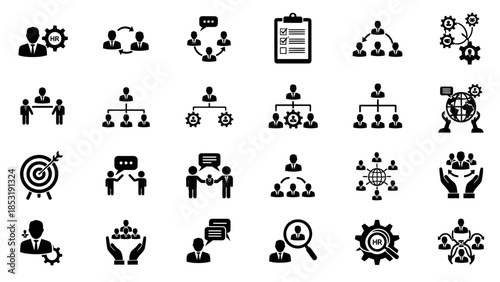 Collection of business management and organizational icons illustrating teamwork and strategy
