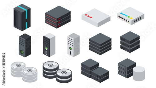 Isometric collection of modern server racks, network equipment, and data storage devices for digital infrastructure and cloud computing concepts