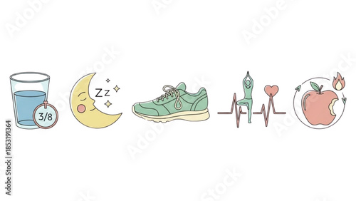 Healthy Lifestyle and Wellness Habits Icon Set on White Background