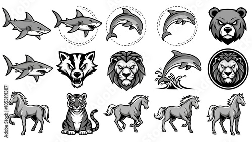 Collection of Fierce Animal Vector Graphics Diverse Black and White Wildlife Illustrations for Logos, Mascots, and Graphic Design Projects