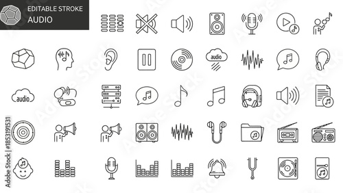 Collection of audio and sound related icons, perfect for digital media and technology applications