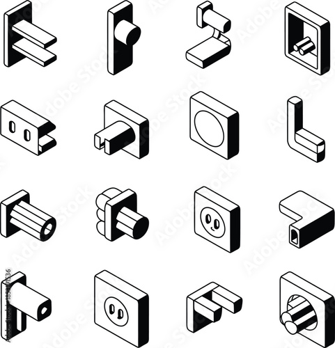A collection of 16 isometric black and white line art icons depicting diverse electrical components and connectors