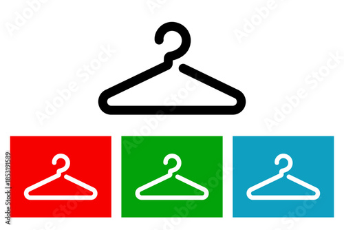 Wardrobe or cloakroom icon showing a simple hanger. Minimalist outline and colourful filled vector illustration for changing room, dressing area and storage signage design.