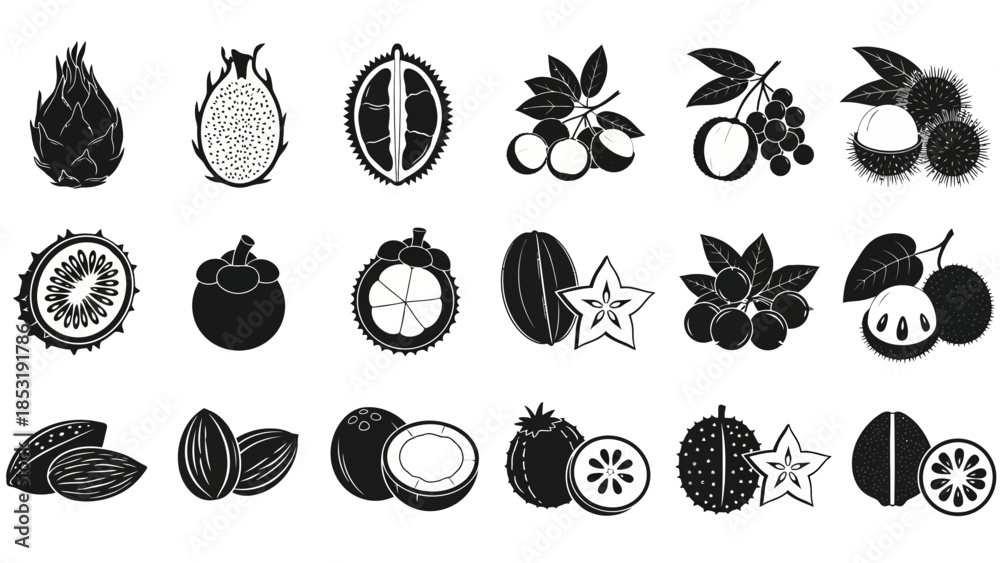 Fototapeta premium A comprehensive set of tropical fruit icons in a sleek black and white style, perfect for illustrating exotic produce, healthy food concepts, and culinary designs