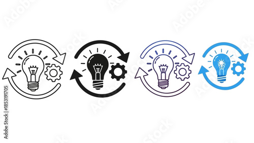 Creative Idea Generation Process Cycle Icons Lightbulb, Cogwheel, and Arrows Symbolizing Innovation, Development, Workflow, and Continuous Improvement Solutions