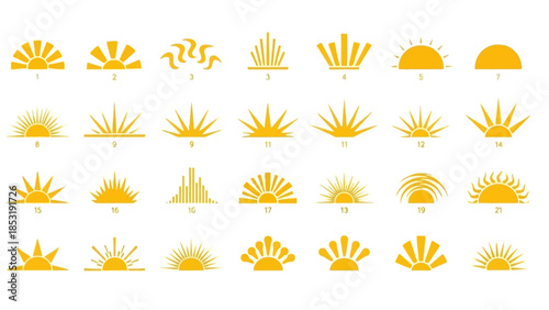 Collection of sunburst icons in yellow, symbolizing sunrise and daylight