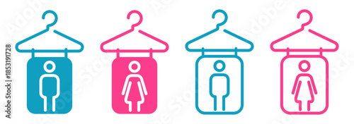 Set of male and female changing room icons with colored outlines of hangers and signs. Line style vector symbols representing wardrobe or cloakroom facilities.
