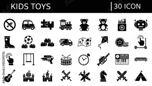 Essential vector icon collection illustrating a wide range of children's toys and playful items, ideal for kids' apps, websites, and creative educational projects
