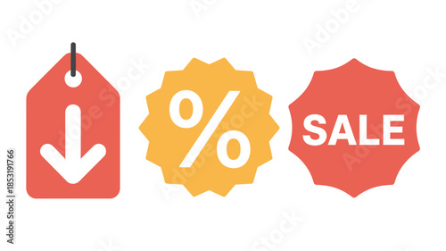 Sale tags with discount symbols in red and orange colors on white background for e-commerce marketing